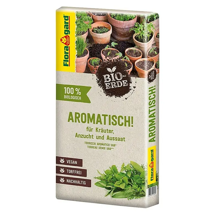 Floragard Bio-Kräuter- & Aussaaterde Aromatisch! - 40 l, Torffrei - Abbildung einer Packung Flora Gard Bio-Erde, geeignet für Kräuter, Anzucht und Aussaat.