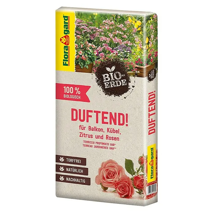 Floragard Blumenerde Duftend! - 40 l, Torffrei - Eine Packung Flora Gard Bio-Erde "Duftend!", ideal für Balkon, Kübel, Zitruspflanzen und Rosen, torffrei, natürlich und nachhaltig.