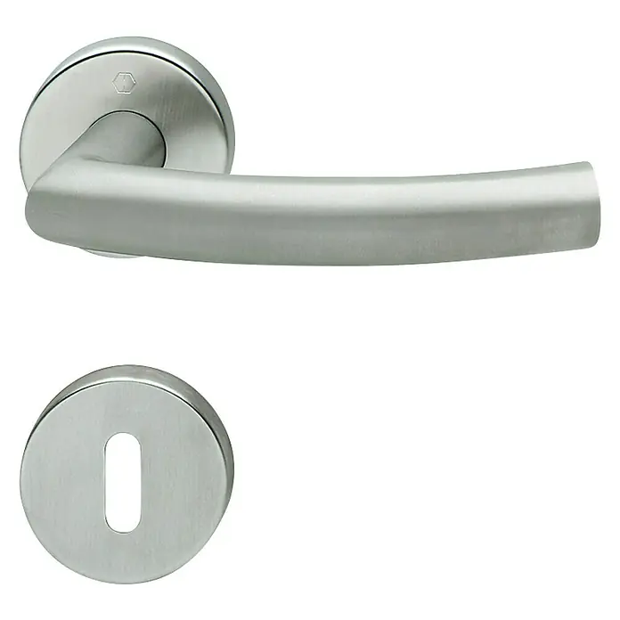 Häfele Drückergarnitur 5 - Stärke Tür: 38 mm - 42 mm, Edelstahl, Gebogen, Buntbart - Türdrücker aus Edelstahl mit Rosette. Modernes Design für Innentüren, ideal für zeitgemäße Wohnräume.