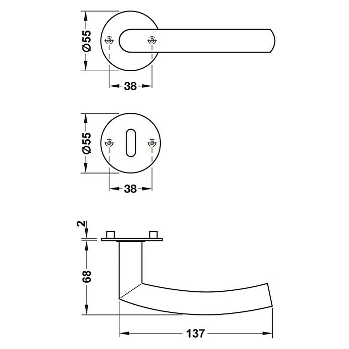 Häfele Zimmertürgarnitur 5 (Türstärke: 38 - 42 mm, Buntbart BB, Edelstahl, Gebogen)