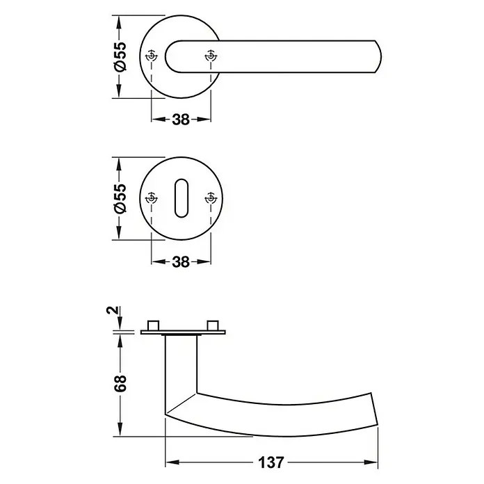 Häfele Drückergarnitur 5 - Stärke Tür: 38 mm - 42 mm, Edelstahl, Gebogen, Buntbart - Technische Zeichnung einer Türgarnitur mit Griff und Rosette, Maße in Millimetern angegeben.