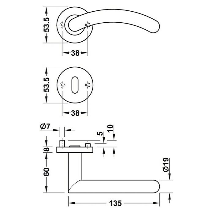 Häfele Zimmertürgarnitur 8 (Türstärke: 38 - 42 mm, Buntbart BB, Edelstahl, Gebogen)