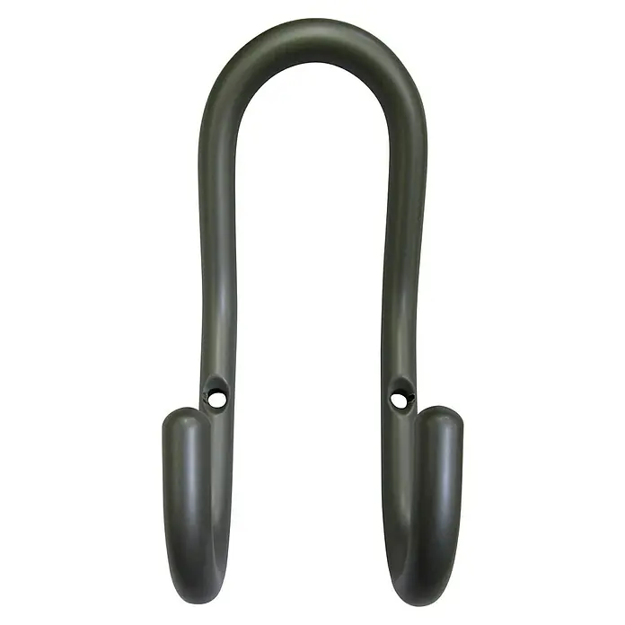 Häfele Gancho para colgar - An x Al: 60 x 150 mm, Aluminio - Un primer plano de un gancho para perchero de ropa gris de doble cara con extremos redondeados y orificios para sujetarlo a un poste.