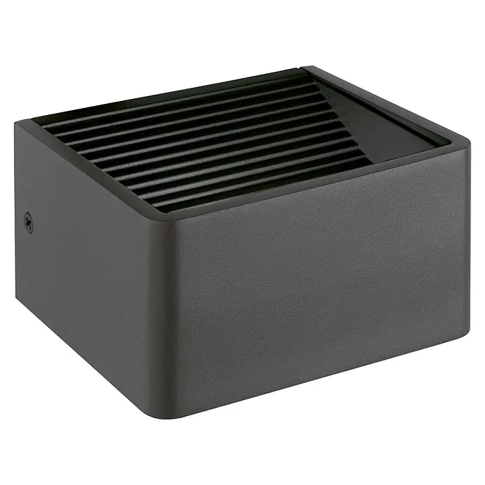 Eglo Doninni Aplique exterior LED Doninni - 6 W, 135 x 120 x 75 mm, Antracita, IP44 - Primer plano de un moderno aplique de pared en forma de cubo antracita, perfecto para iluminación exterior elegante y diseño contemporáneo.