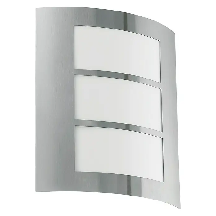 Eglo Außenwandleuchte City - 60 W - Elegante Wandleuchte mit gebogener, silberfarbener Metallstruktur und drei rechteckigen, weißen Lichtflächen für stimmungsvolle Beleuchtung.