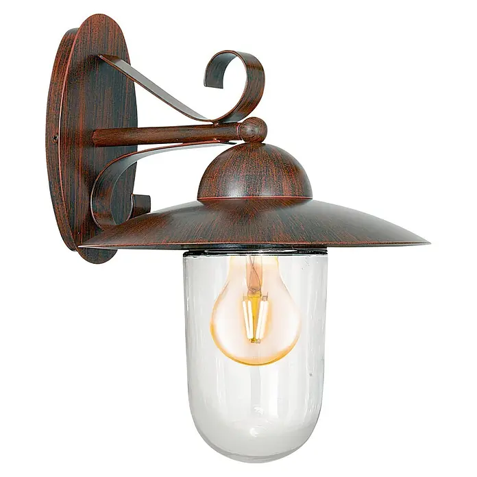 Starlux Außenwandleuchte Milton 1 - 40 W, Braun, IP44 - Detailaufnahme einer rustikalen Wandleuchte mit braunem Metallrahmen und klarem Glas, die ein warmes, einladendes Licht ausstrahlt.