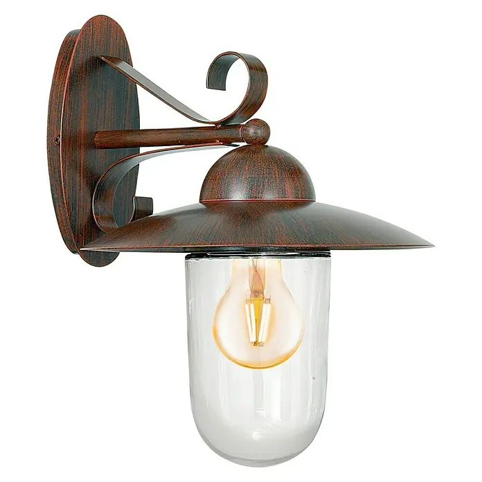 Starlux Aplique exterior Milton 1 - 40 W, Marrón, IP44 - Primer plano de una lámpara de pared rústica con marco de metal marrón y vidrio transparente, que emite un brillo cálido y acogedor.