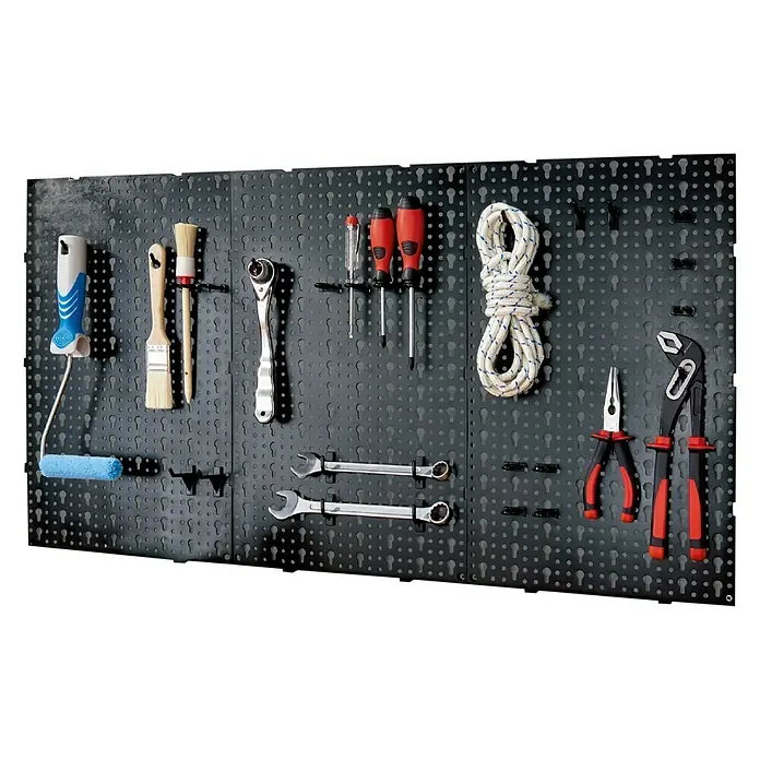 Panel perforado - An x Al: 30 x 49 cm, 3 pzs., Negro - Tablero de herramientas con varias herramientas como destornilladores, alicates y llaves inglesas.