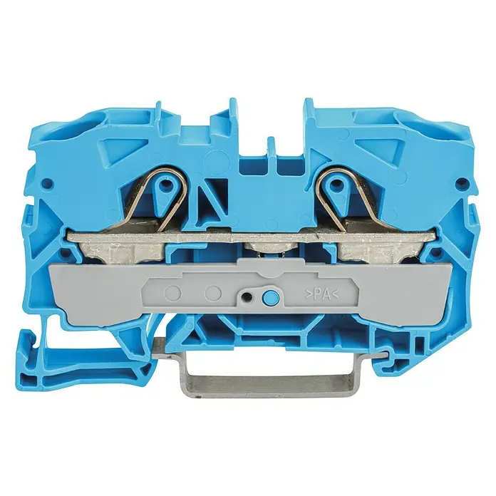 Wago Topjob Reihenklemme S 2010-1204 - Blau, 10 mm², 6 Stk. - Nahaufnahme einer blauen Reihenklemme mit Metallelementen, die für elektrische Verbindungen in Schaltschränken verwendet wird.