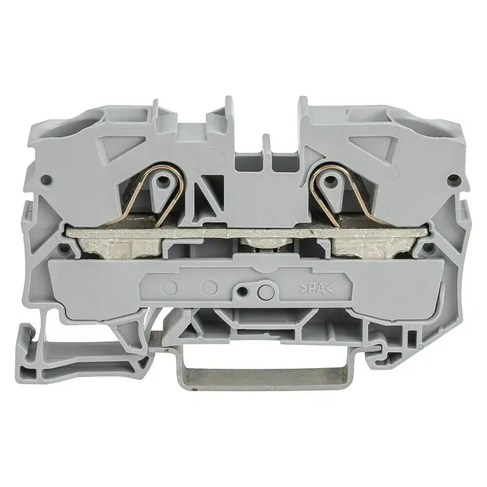 Wago Topjob Reihenklemme S 2010-1201 - Grau, 10 mm², 6 Stk. - Nahaufnahme einer grauen Phoenix Contact-Reihenklemme mit Metalleinsätzen, die für sichere elektrische Verbindungen sorgt.