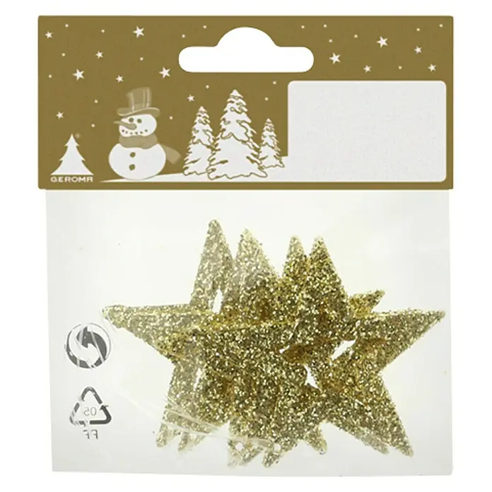Dekoelement Sterne - Gold, Kunststoff, Eckig - Nahaufnahme der Verpackung mit goldenen Stern-Weihnachtsbaumschmuck-Anhängern.