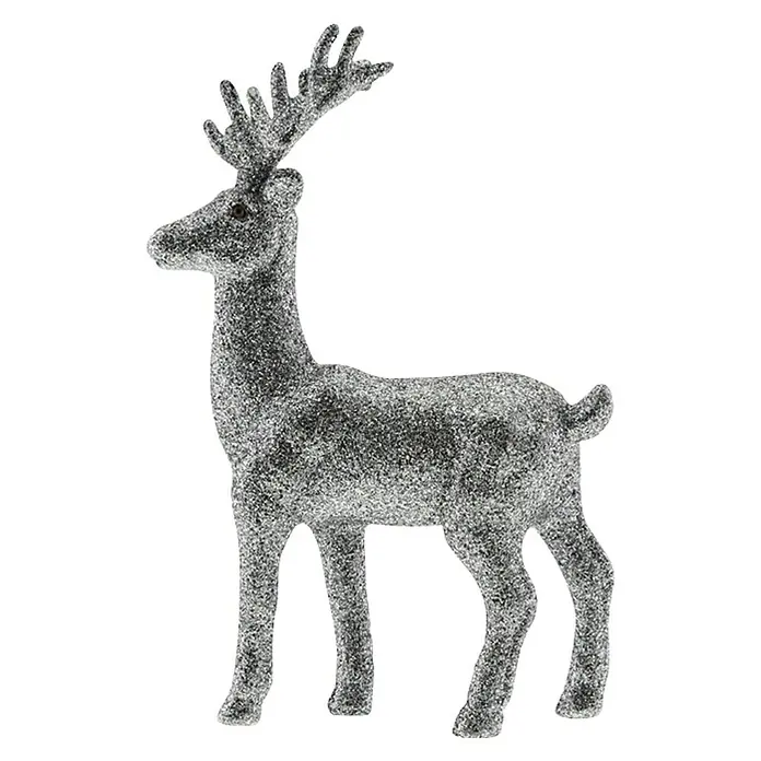 Dekofigur Hirsch mit Glitzer Silber - Kunststoff, Hirsch, Silber - Funkelnder silberner Renntier-Dekorationsartikel, ideal für festliche Inneneinrichtungen und als Blickfang.