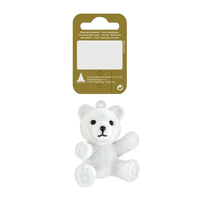 Christbaumschmuck Teddy - Weiß, Samt - Weißer Teddybär Weihnachtsbaumschmuck mit Anhänger, eine festliche und liebenswerte Dekoration für die Weihnachtszeit.