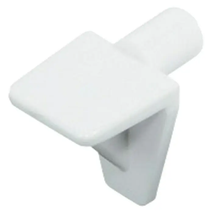 Stabilit Soporte para estantes - 6 mm, Blanco, 40 ud. - Primer plano de un soporte de estante blanco para muebles, diseñado para el montaje de estantes en un armario.