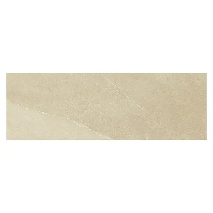 Revestimiento de pared Apuan - 90 x 30 cm, Beige, Rectificado - Primer plano de una baldosa oblonga beige con sutiles vetas de mármol y una superficie lisa y mate, ideal para interiores modernos.
