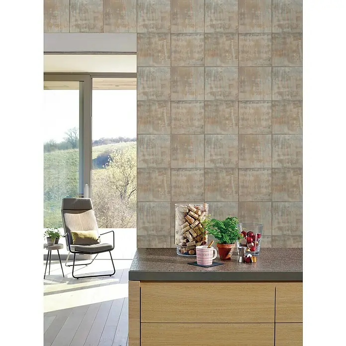 Papel pintado Baldosa - Cobre, Gráfico, 10 x 0,53 m - Diseño de pared con paneles cuadrados en tonos tierra cálidos que crean un ambiente rústico y moderno.