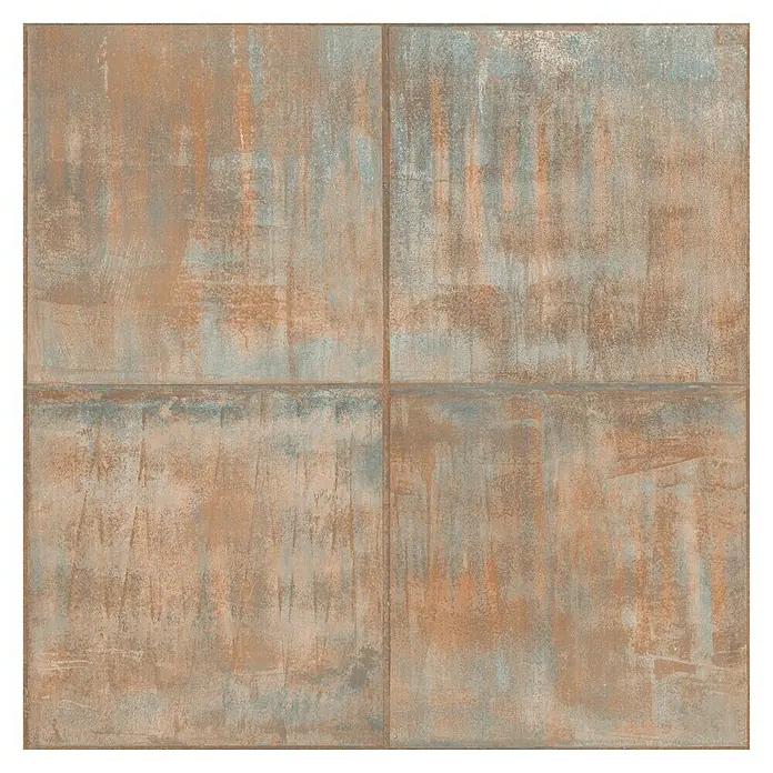 Papel pintado Baldosa - Cobre, Gráfico, 10 x 0,53 m - Azulejos color óxido con toques azul-grisáceos y un patrón lineal. La forma cuadrada añade un toque moderno.