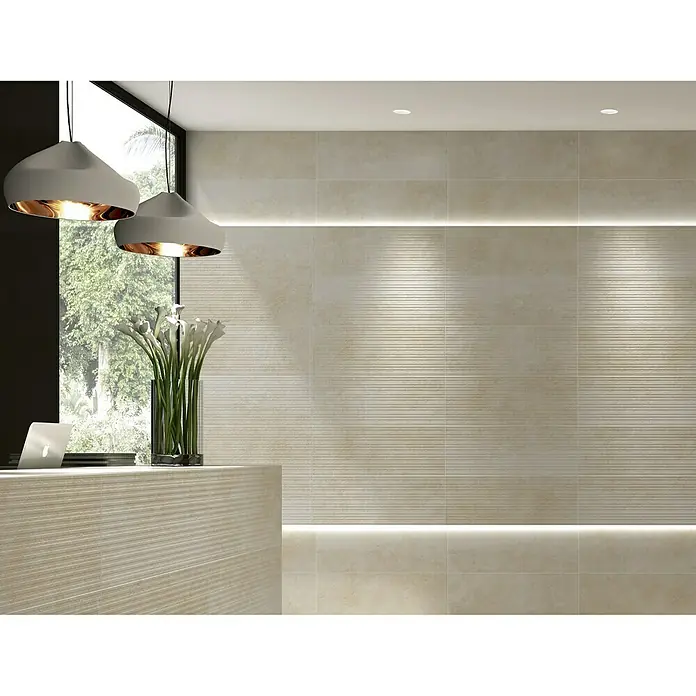 Revestimiento de pared Alter - 30 x 60 cm, Espesor: 8,5 mm, Beige, Rectificado - Azulejos de pared de alta calidad con estructura horizontal e iluminación indirecta para un ambiente moderno.