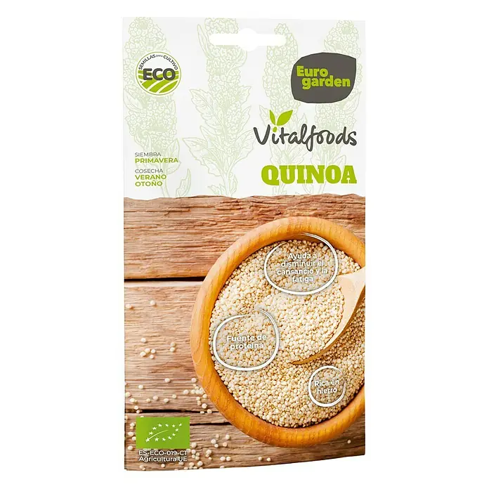 Euro Garden Semillas de cereales Quinoa - Cosecha: Junio - Imagen de un paquete de Quinoa Vitalfoods de Euro garden, una alternativa de grano saludable y versátil.