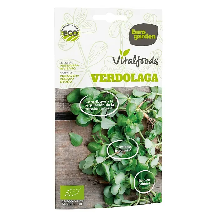 Euro Garden Semillas de flores Verdolaga - Época de floración: Marzo - Paquete de semillas de verdolaga Vitalfoods de Euro Garden, con información sobre siembra, cosecha y beneficios nutricionales.