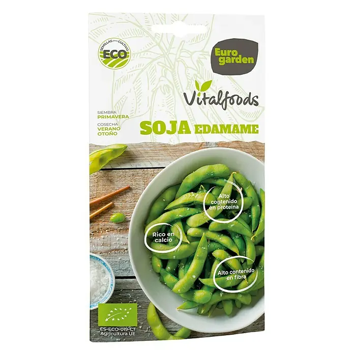 Euro Garden Semillas de cereales Soja edamame - Cosecha: Junio - Imagen del producto del paquete de semillas Euro garden Vitalfoods Soja Edamame, rico en proteínas y fibra, perfecto para primavera, verano y otoño.