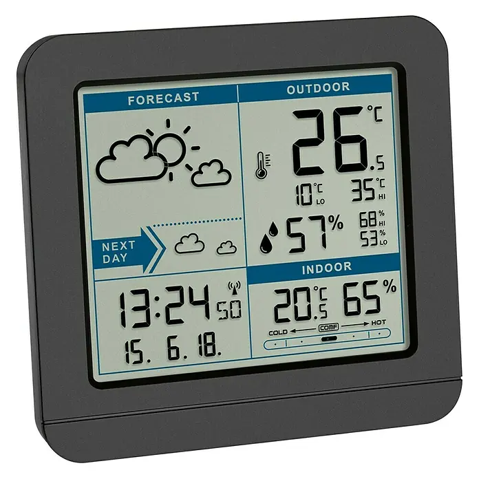 Estación meteorológica con pantalla Herter 1152 - 5 x 12,3 x 11,7 cm, Plástico - Una estación meteorológica digital que muestra la temperatura interior y exterior, la humedad y el pronóstico del tiempo.