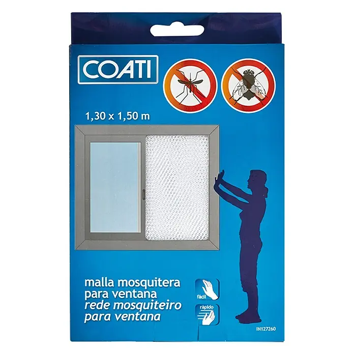 Coati Mosquitera de ventana - An x Al: 130 x 150 cm - Embalaje de una mosquitera COATI para ventanas, de tamaño 1,30 x 1,50 m, con ilustraciones para una fácil instalación.