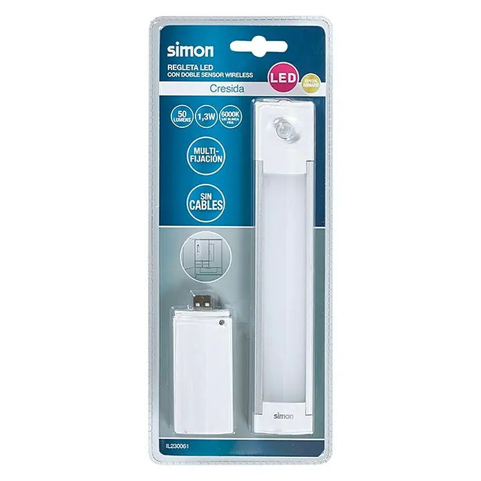 Simon Regleta LED Cresida - 1,3 W, Blanco - Regleta LED Simon con sensor de movimiento. Ideal para armarios, ofrece flexibilidad inalámbrica y fácil instalación.
