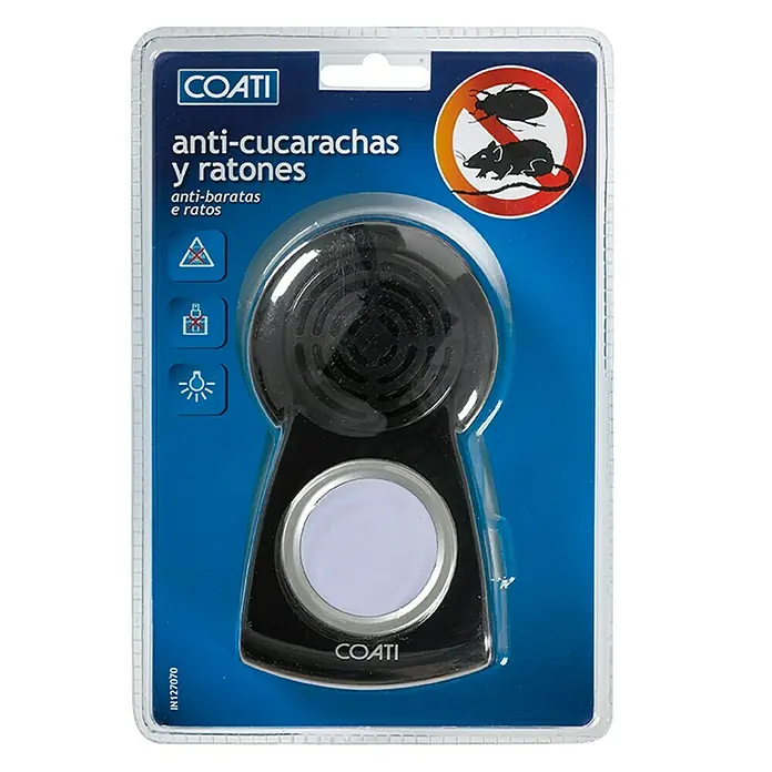 Coati Antiroedores y cucarachas - Negro - Un dispositivo anti cucarachas y roedores de COATI, empaquetado en un blíster azul. El producto es negro con un botón blanco.