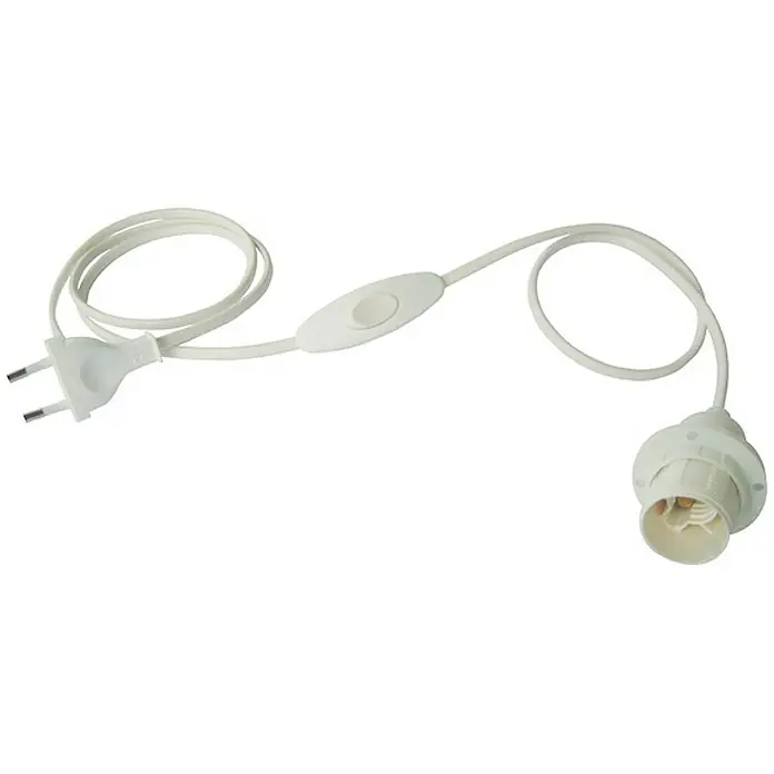 Electraline Portalámparas de cuerda con interruptor - Blanco, Longitud de péndulo: 150 cm, 60 W, E14 - Primer plano de un portalámparas blanco con cable, enchufe e interruptor, ideal para proyectos de iluminación DIY.