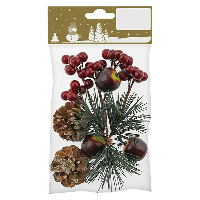 Kunstzweig Zapfen Beeren Äpfel - Grün, Rot, Kunststoff - Festliche Dekoration: Tannenzweige mit roten Beeren, Äpfeln und Tannenzapfen in einer weihnachtlichen Verpackung.