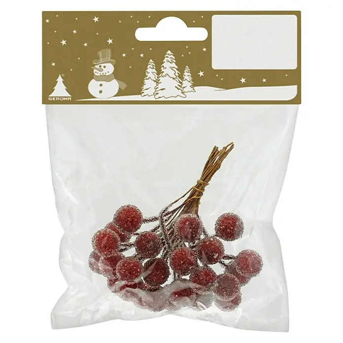 Dekoelement Beeren - Rot, Kunststoff - Bündel rote, gezuckerte Beeren in durchsichtiger Verpackung, festlich und dekorativ.