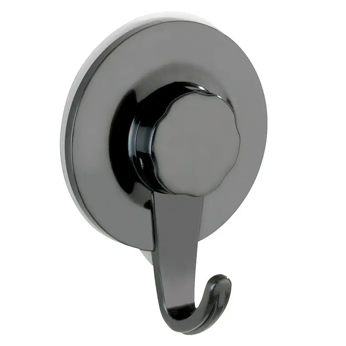 Wenko Handtuchhaken Valenza Ultra-Loc - 1 Stk., Schwarz, Kunststoff - Nahaufnahme eines schwarzen Saugnapfhakens. Der Haken ist an einem runden Saugnapf mit einem Drehknopf befestigt.