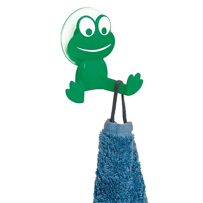 Wenko Hebelsaughaken - Anzahl Haken: 2 Stk., Grün, 1 Stk. - Frosch-Haken mit Saugnapf und blauem Handtuch. Ein lustiger und praktischer Helfer für Bad oder Küche. Ideal zum Aufhängen von Handtüchern.