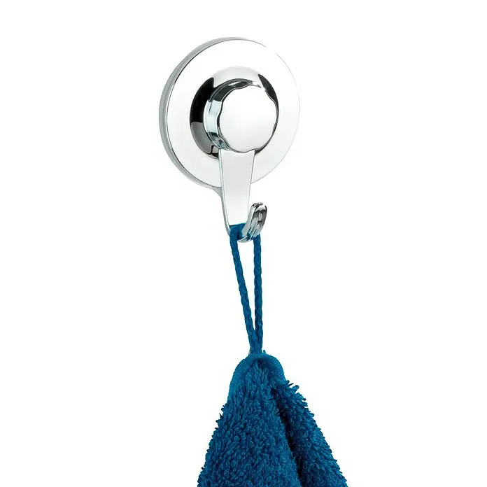 Wenko Toallero de gancho Ultra-Loc Valenza - 1 ud., Cromo, Plástico - Gancho de pared de color cromo con toalla azul. El gancho es redondo y tiene una ventosa para el montaje en la pared. La toalla es de rizo.