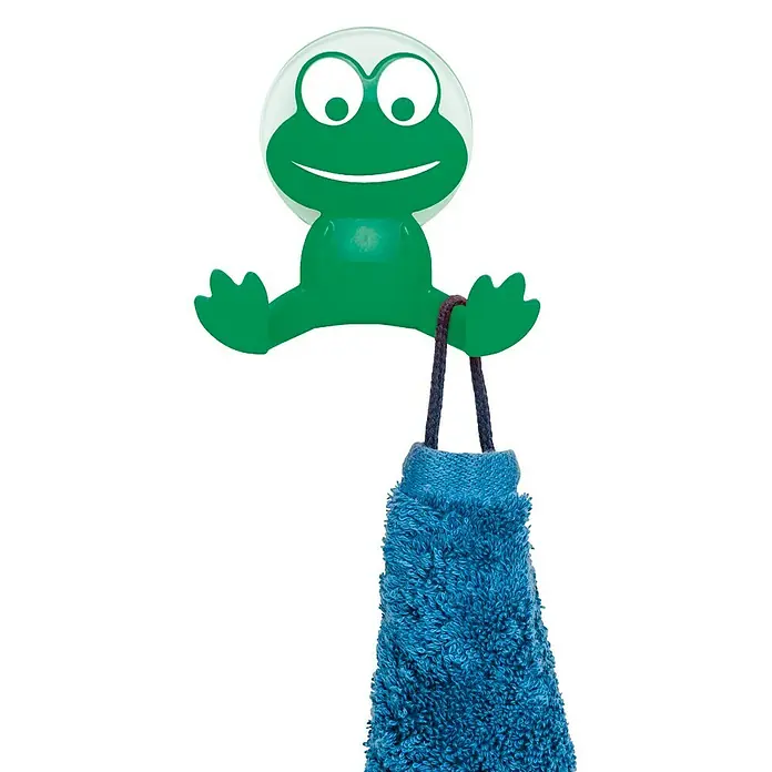 Wenko Hebelsaughaken - Anzahl Haken: 2 Stk., Grün, 1 Stk. - Froschförmiger Saugnapf-Haken mit blauem Waschlappen. Ideal für Kinderzimmer oder Badezimmer, um Ordnung zu halten.