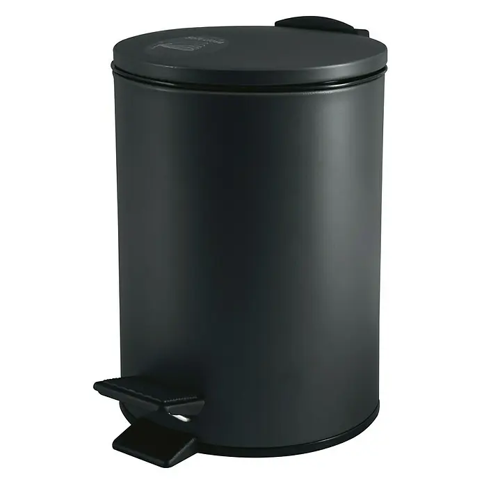 Spirella Cubo con pedal Adelar - 3 l, Acero inoxidable, Negro - Un cubo de basura negro con pedal, tapa y pedal, perfecto para el baño o la cocina, sobre un fondo neutro.