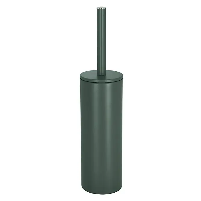 Spirella Conjunto de escobilla Akira - 9,5 x 9,5 x 40 cm, Acero inoxidable, Verde oscuro - Un escobillero de baño verde oscuro con extremo de mango plateado sobre un fondo blanco. Práctico y elegante para cualquier baño.