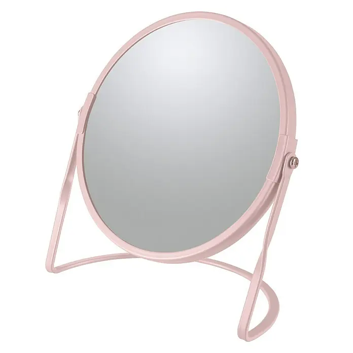 Spirella Espejo cosmético Akira - 18,4 x 20 cm, Redonda, Rosa, Aumento 1: 100 %, Aumento 2: 500 % - Elegante espejo de maquillaje redondo rosa con soporte para mesa. Perfecto para baño y dormitorio.