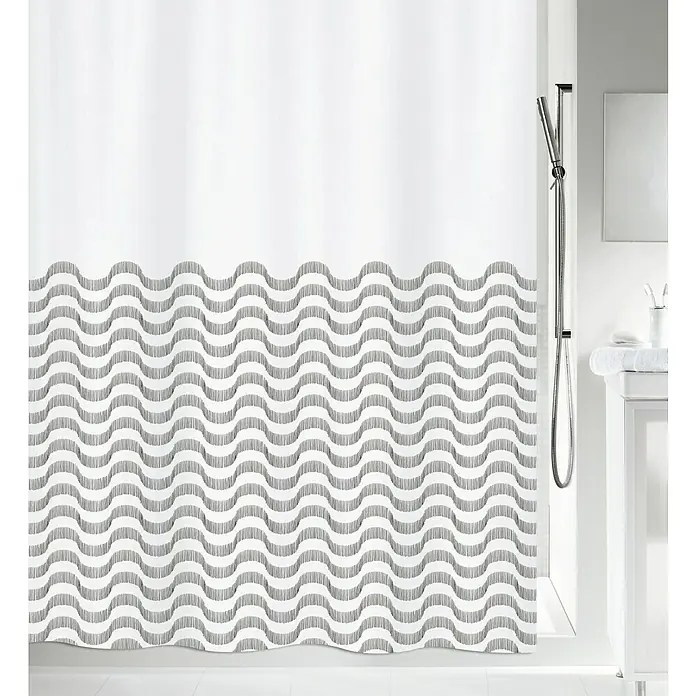 Spirella Cortina de baño Vagues - An x Al: 180 x 200 cm, Plástico, Negro/blanco - Cortina de ducha con un patrón ondulado en gris y blanco. La cortina cuelga en un baño moderno con superficies claras.