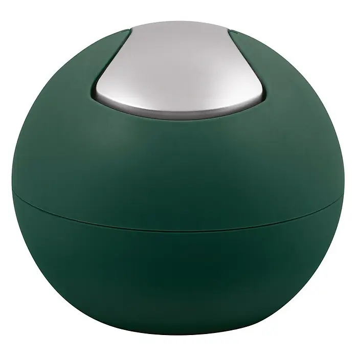 Spirella Cubo de basura de baño Bowl - 1 l, Plástico, Verde - Un cubo de basura de mesa redondo, verde oscuro, con tapa basculante plateada, ideal para pequeños residuos en el escritorio.