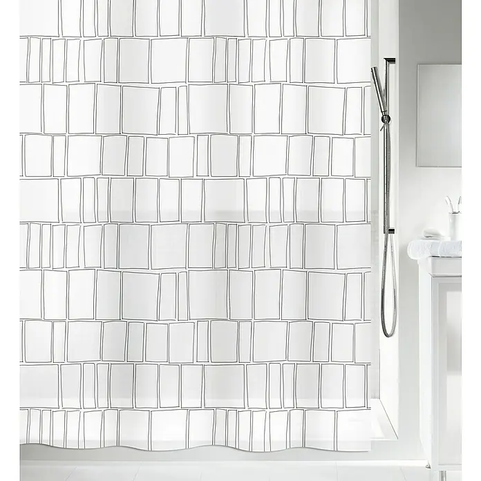Spirella Cortina de baño Construct - An x Al: 180 x 200 cm, Plástico, Transparente - Cortina de ducha blanca con un diseño geométrico que imita ladrillos dibujados, ideal para una decoración de baño moderna.