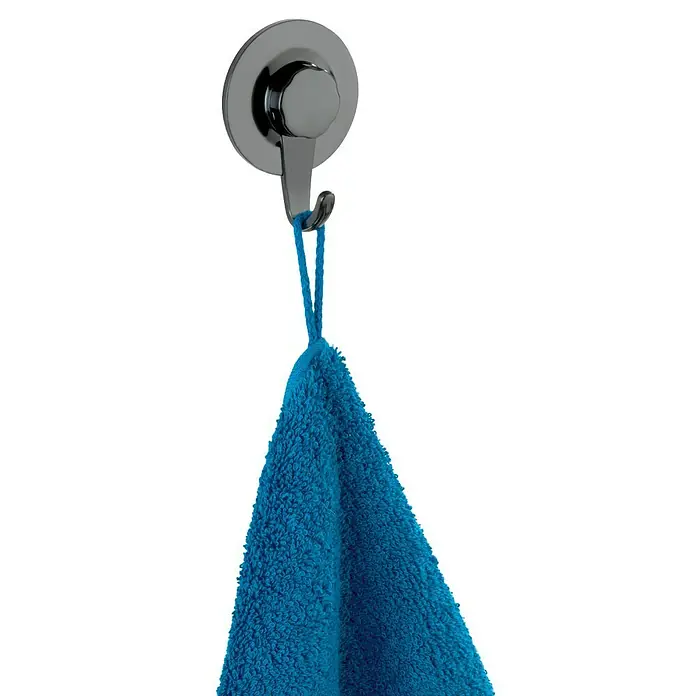 Wenko Handtuchhaken Valenza Ultra-Loc - 1 Stk., Schwarz, Kunststoff - Ein chromfarbener Handtuchhaken mit einem daran hängenden blauen Handtuch, ideal für jedes Badezimmer.