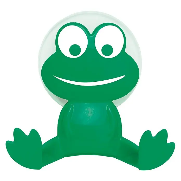 Wenko Hebelsaughaken - Anzahl Haken: 2 Stk., Grün, 1 Stk. - Ein grüner, cartoonartiger Frosch mit großen, runden Augen und einem breiten Lächeln sitzt da.
