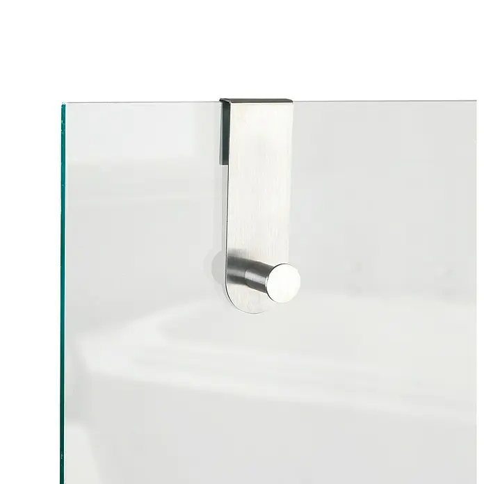 Wenko Toallero de gancho Celano - Acero inoxidable, Cabina de ducha - Primer plano de un toallero plateado colgado de una puerta de vidrio, diseño minimalista de baño.