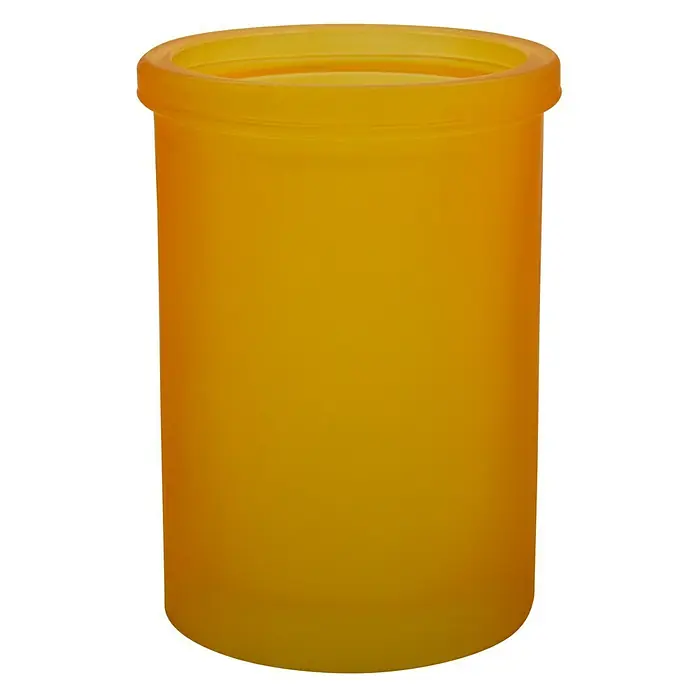 Spirella Yoko Portacepillos - Ø x Al: 7,5 x 10,6 cm, Vidrio, Naranja - Primer plano de un cubo de basura de plástico amarillo con borde ancho, ideal para la oficina o el hogar.