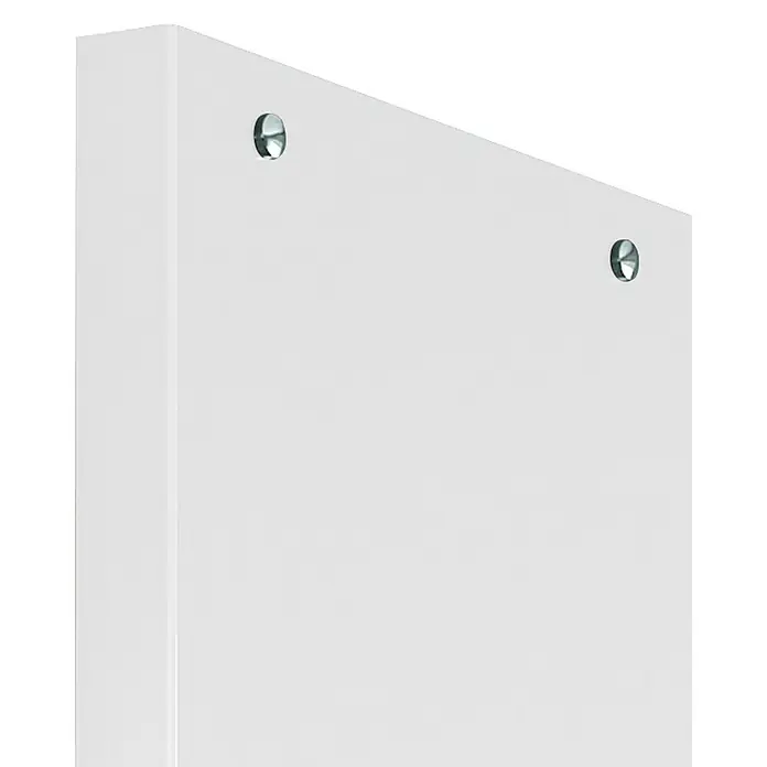 Camargue Designheizkörper Vitromit - B x H: 500 x 1.500 mm - Nahaufnahme einer weißen Wandmontageplatte mit zwei runden, silberfarbenen Befestigungen, die einen minimalistischen und modernen Look erzeugen.