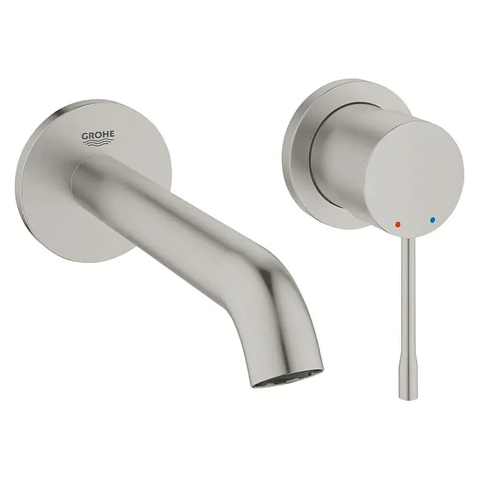 Grohe Essence Waschtischarmatur MWandmontage, Supersteel, Matt - Bild eines modernen, wandmontierten Grohe-Wasserhahns in gebürstetem Nickel. Der Wasserhahn zeichnet sich durch sein elegantes Design und seine hochwertige Verarbeitung aus.
