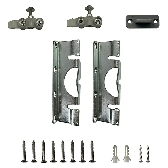 Diamond Doors Zubehör-Set Linea 40 - Passend für: Diamond Doors Glasschiebetür-Beschlag Linea 40 - Abgebildetes Set mit Schiebetürbeschlägen, inklusive Rollen, Halterungen und Schrauben zur Montage.