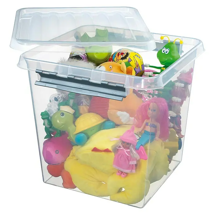 Sunware Aufbewahrungsbox Q-Line - L x B x H: 40 x 40 x 40 cm, Kunststoff, Transparent, Farbe Griff: Schwarz - Transparente Aufbewahrungsbox mit Spielzeug und abnehmbarem Deckel, ideal für die Organisation von Kinderzimmern.